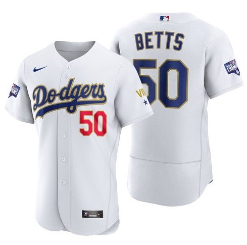 Men's Los Angeles Dodgers #50 Mookie Betts White Gold MLB Championship Flex Base Sttiched Jersey Men's Los Angeles Dodgers #50 Mookie Betts White Gold MLB Championship Flex Base Sttiched Jersey